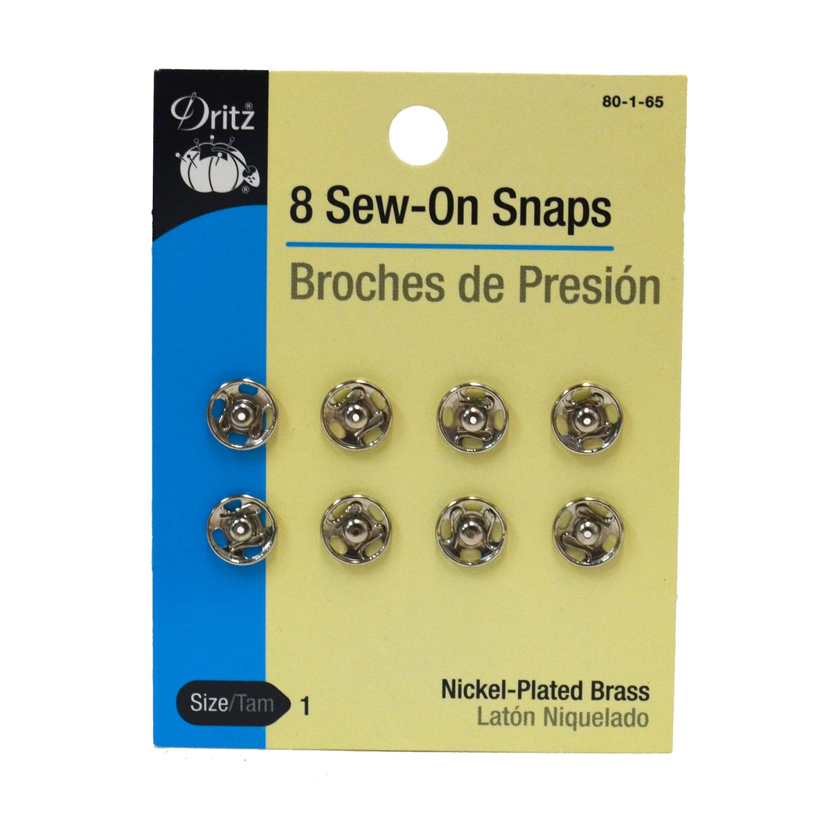 Dritz 8 Sew-On Snaps Nickel SIze 1