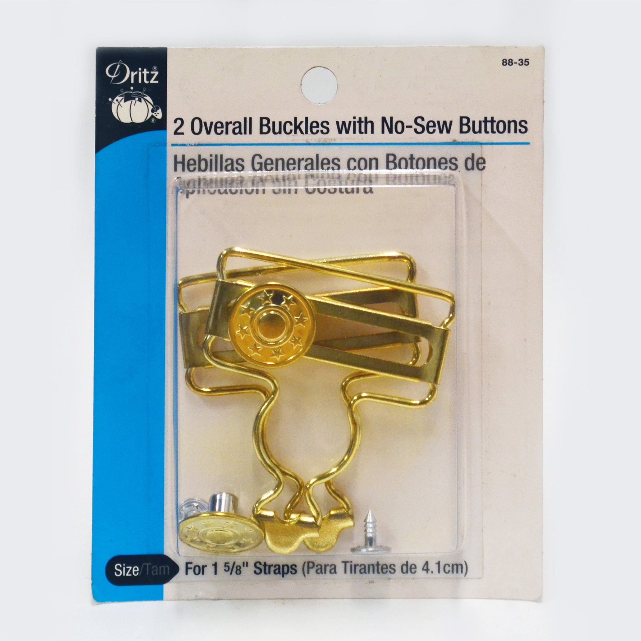 Dritz 1-5/8 inch Overall Buckles with No-Sew Buttons, Nickel, 2 pc