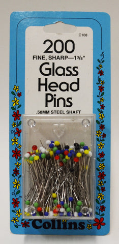 Glass Head Pins - 200 Fine, Sharp 1 3-8"